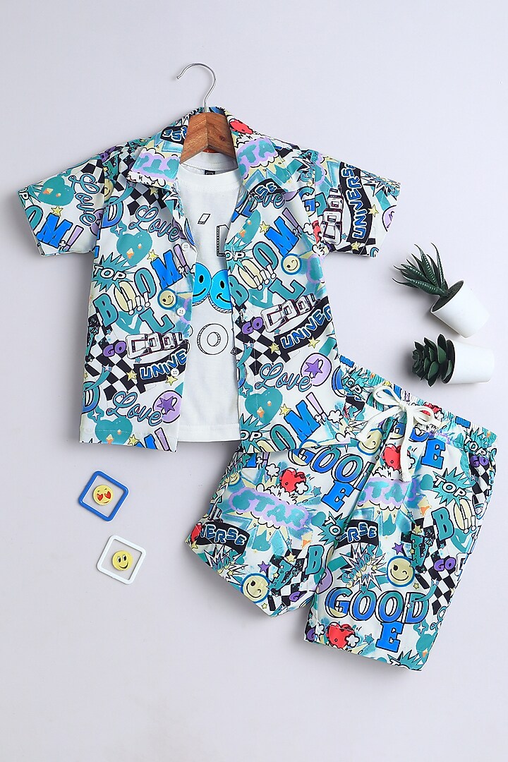 Blue Cotton Blend Geometric Co-ord Set For Boys by Ministitch