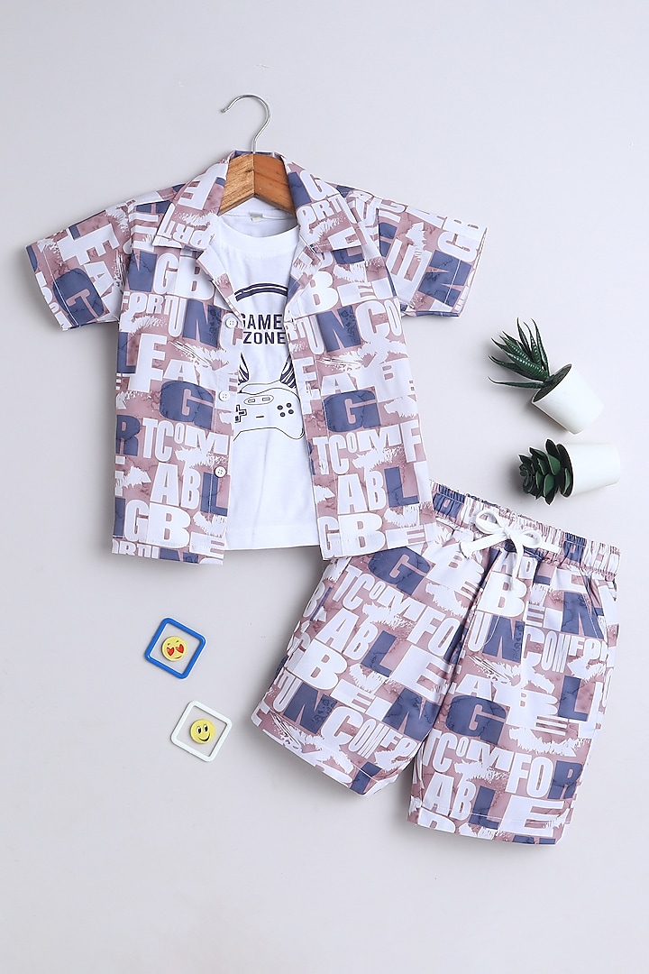 Beige Cotton Blend Geometric Co-ord Set For Boys by Ministitch