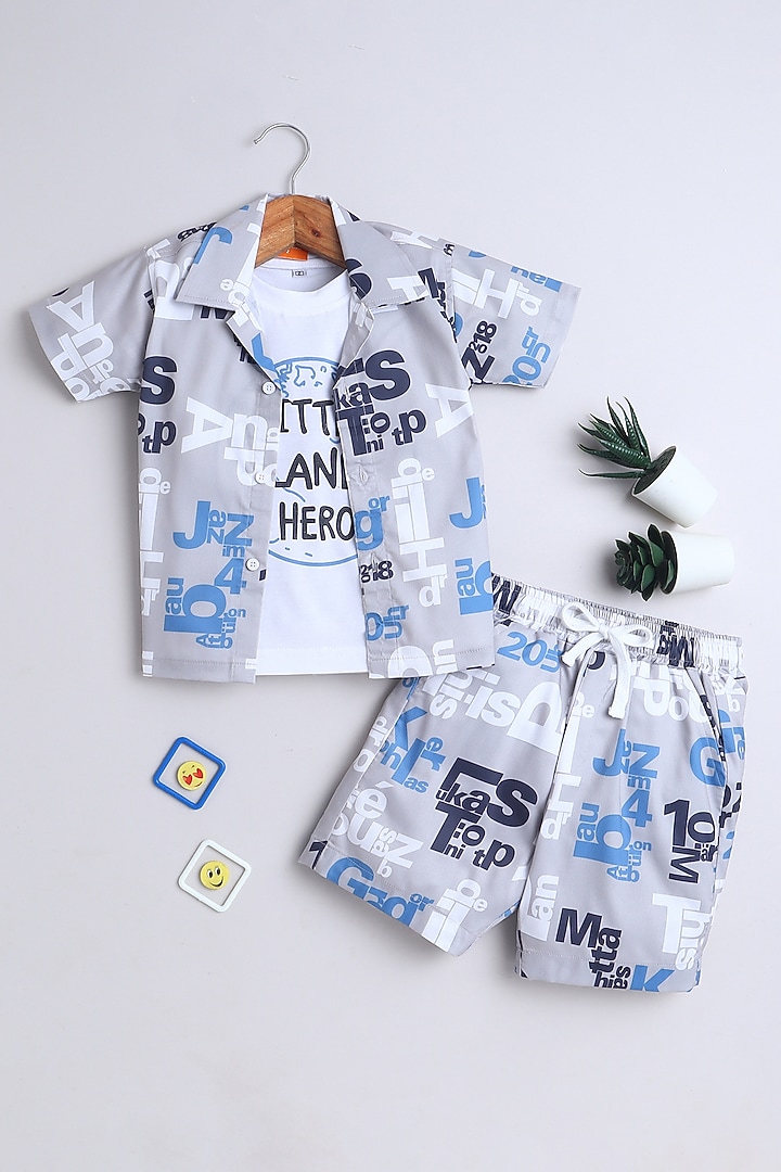 Grey Cotton Blend Geometric Co-ord Set For Boys by Ministitch
