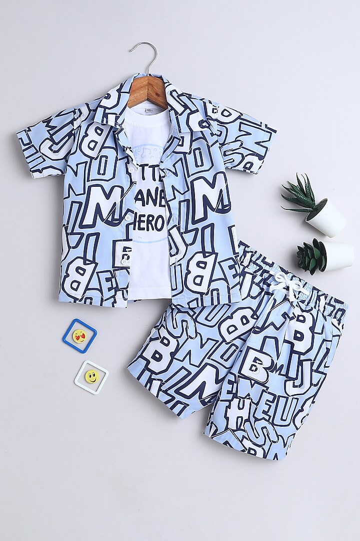 Blue Cotton Blend Geometric Co-ord Set For Boys by Ministitch