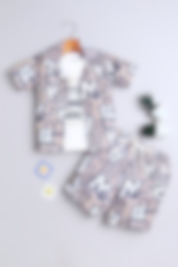 Beige Cotton Blend Geometric Co-ord Set For Boys by Ministitch
