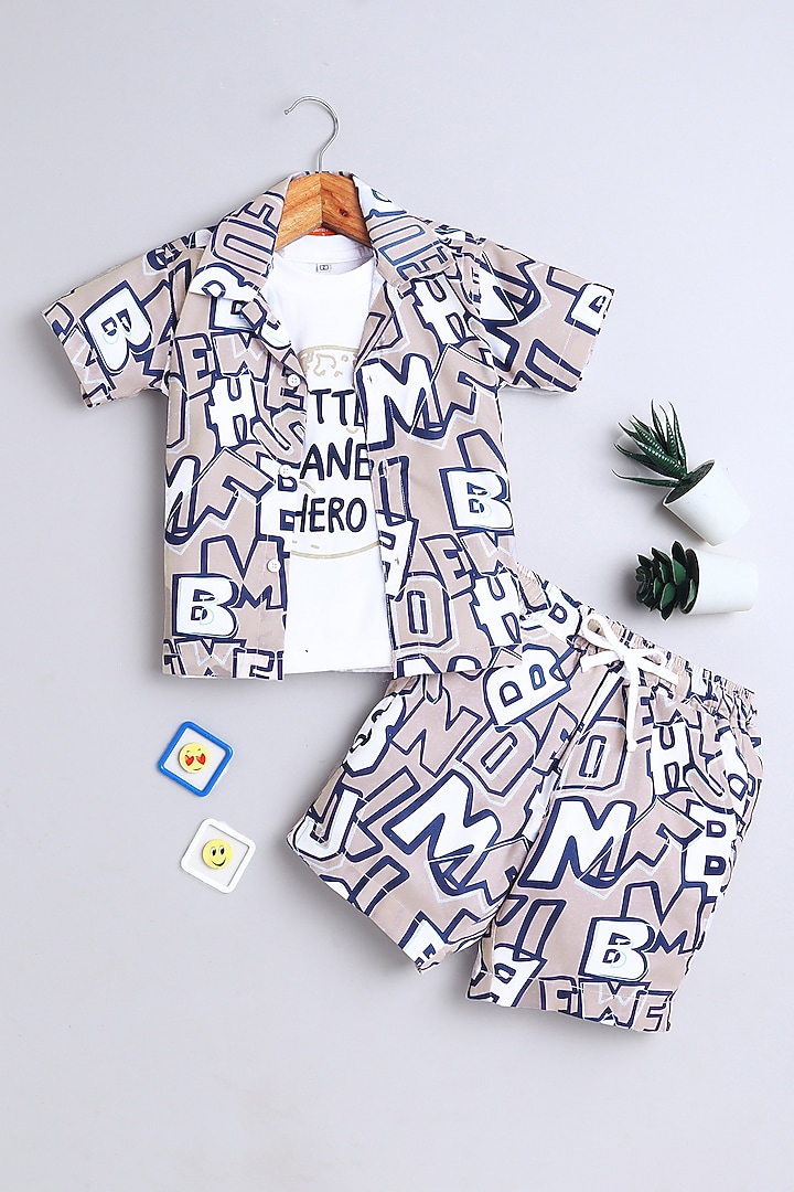 Beige Cotton Blend Geometric Co-ord Set For Boys by Ministitch