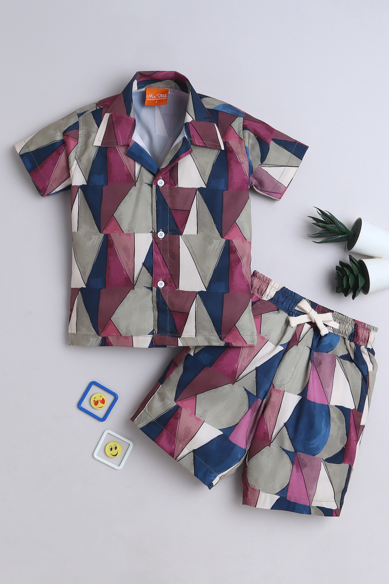 Multi-Colored Cotton Blend Abstract Printed Co-Ord Set For Boys by Ministitch at Pernia's Pop Up Shop