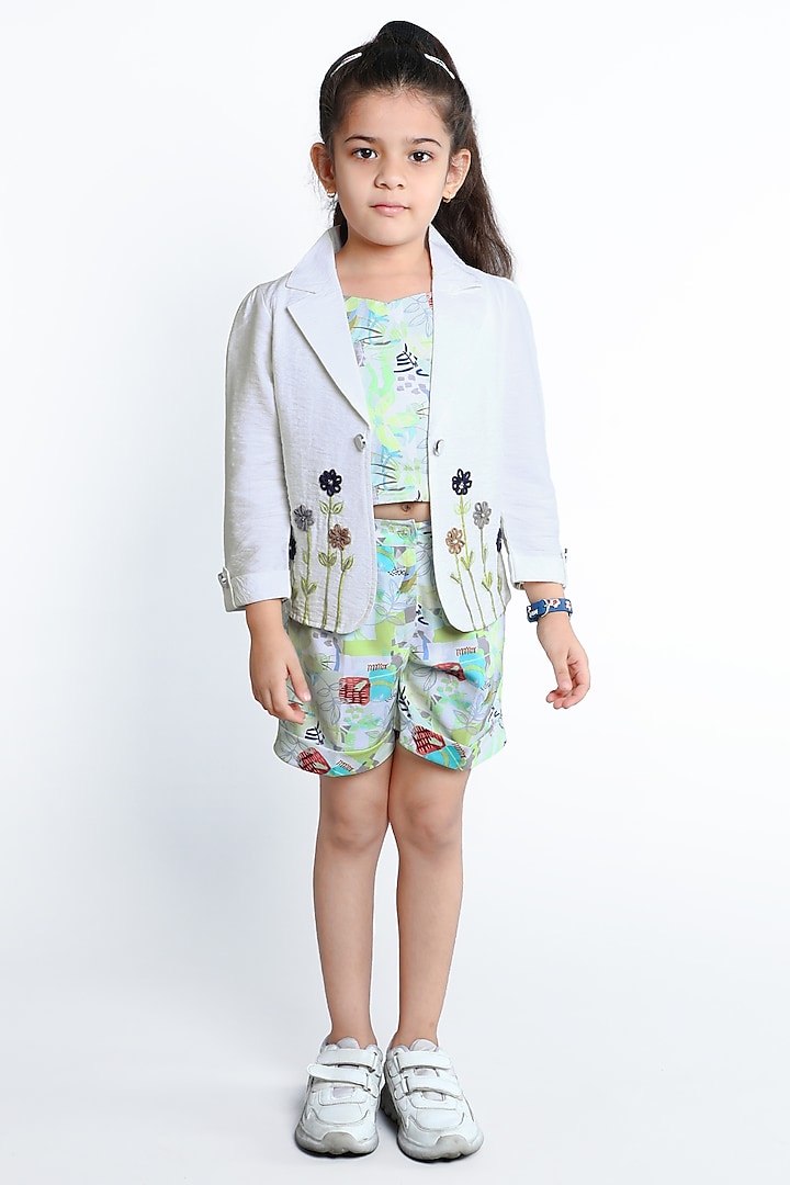 Green Cotton Hand Embroidered & Printed Co-Ord Set For Girls by Ministitch at Pernia's Pop Up Shop