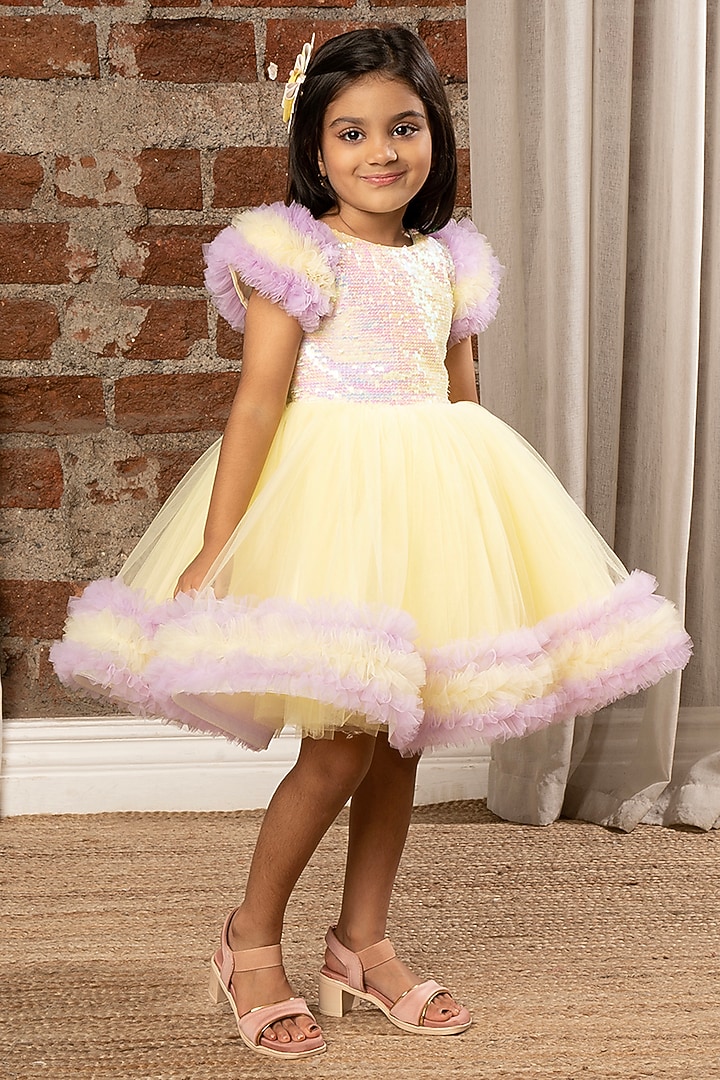 Lemon Net Sequins Embroidered Dress For Girls by Ministitch at Pernia's Pop Up Shop