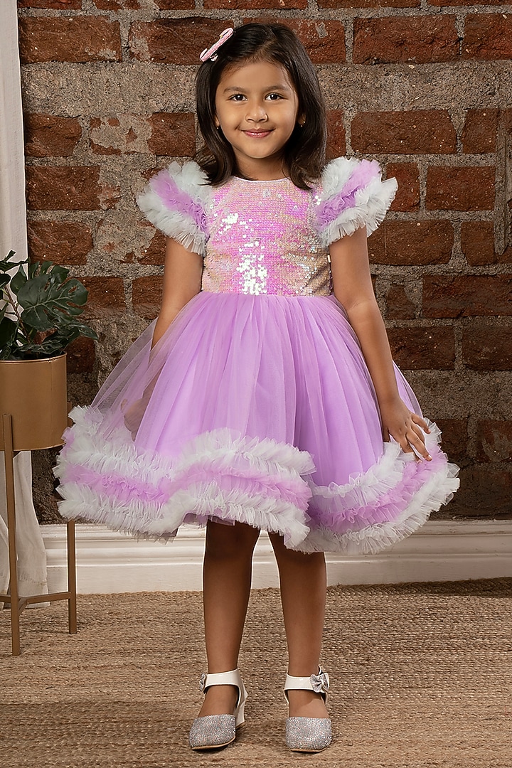 Purple Net Sequins Embroidered Dress For Girls by Ministitch at Pernia's Pop Up Shop