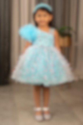 Sky Blue Net 3D Floral Embroidered One-Shoulder Dress For Girls by Ministitch at Pernia's Pop Up Shop