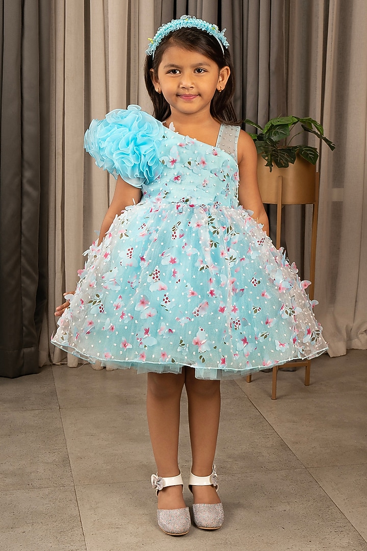 Sky Blue Net 3D Floral Embroidered One-Shoulder Dress For Girls by Ministitch at Pernia's Pop Up Shop