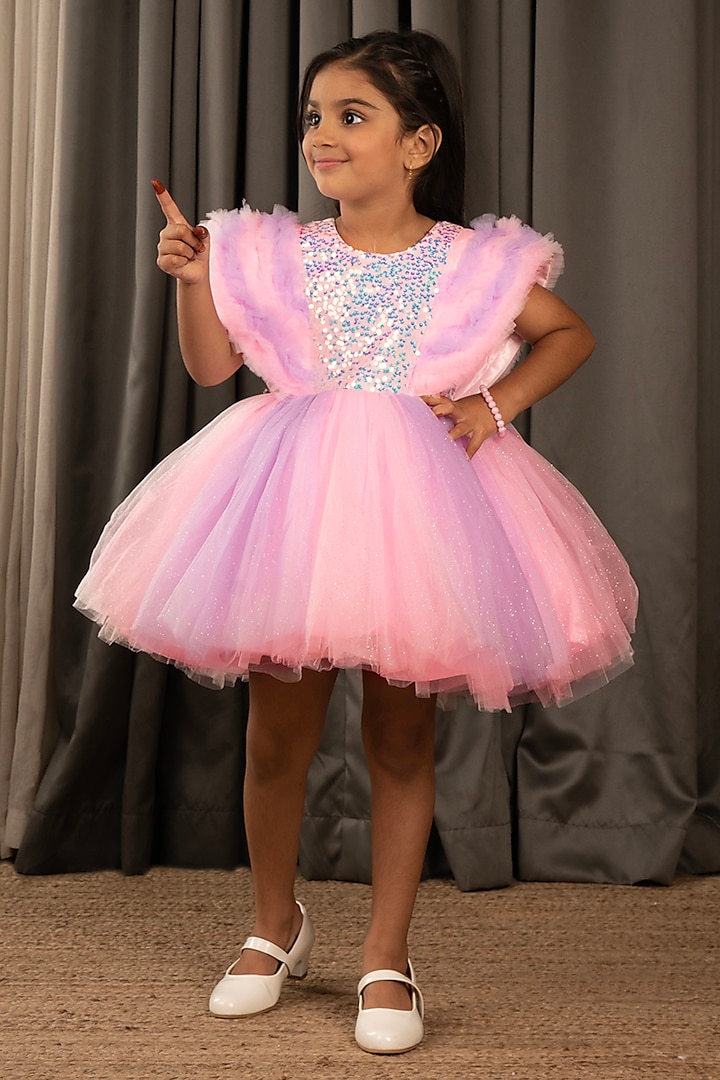 Baby Pink Net Sequins Work Dress For Girls by Ministitch at Pernia's Pop Up Shop