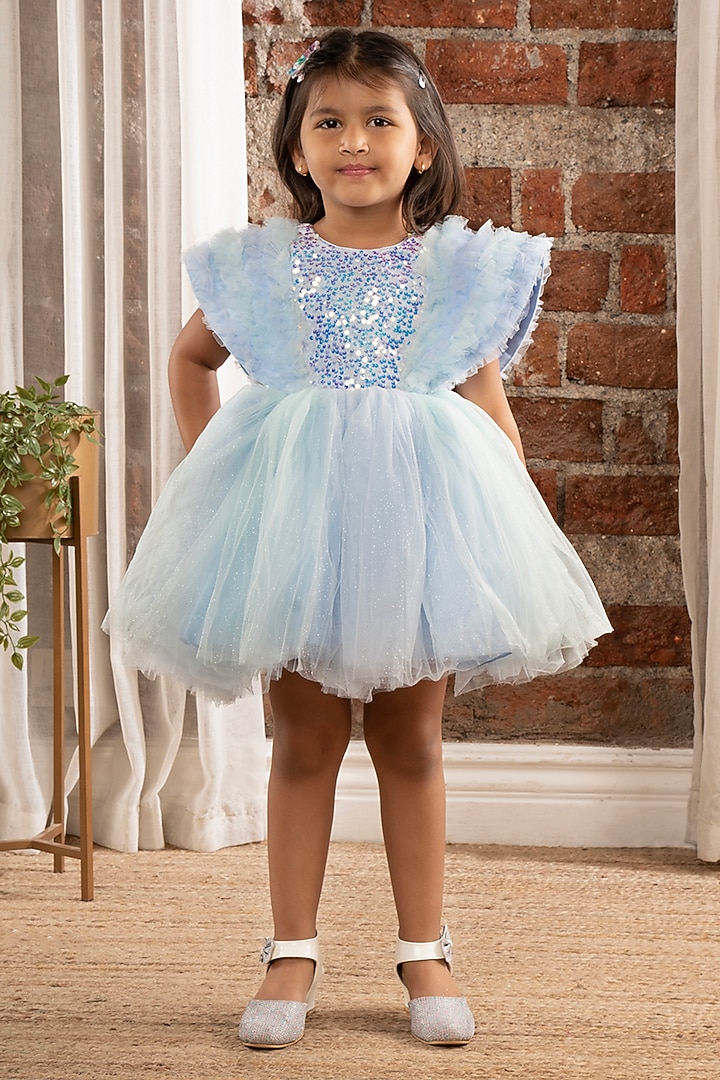 Sky Blue Net Sequins Work Dress For Girls by Ministitch at Pernia's Pop Up Shop