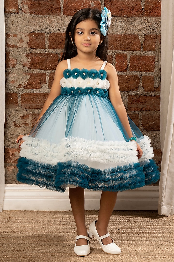 Blue Net Floral Embellished Spaghetti Strap Dress For Girls by Ministitch at Pernia's Pop Up Shop