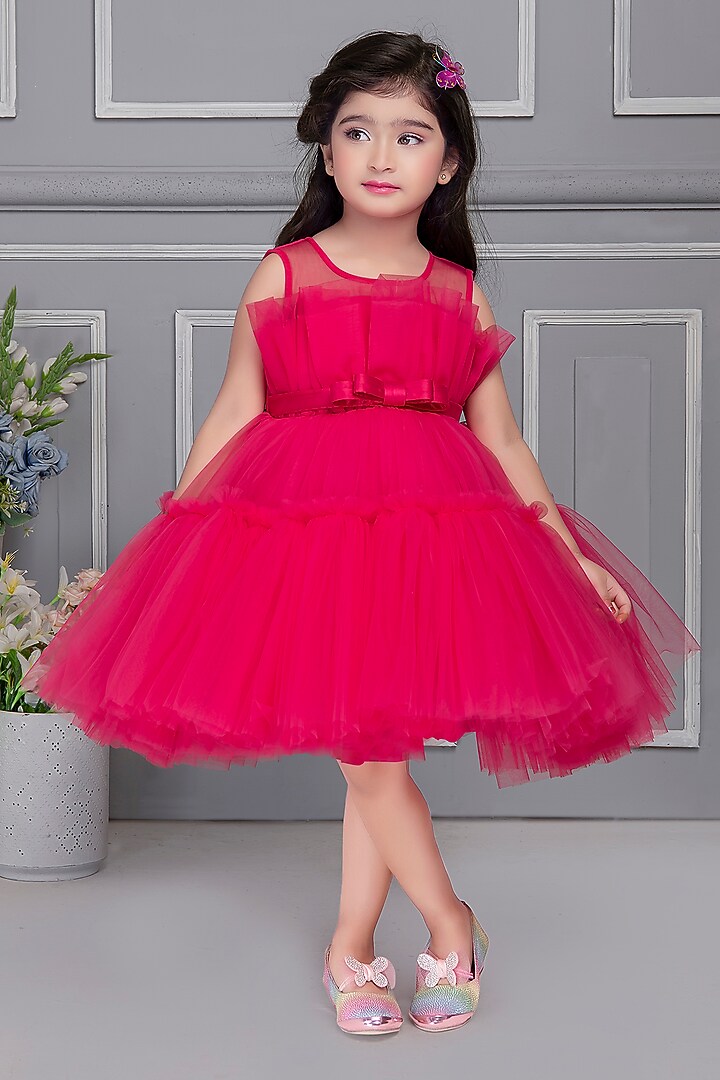 Fuschia Pink Net Frilled Dress For Girls by Ministitch at Pernia's Pop Up Shop