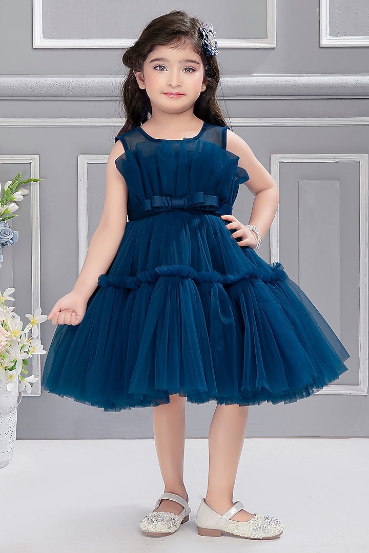 Teal Net Frilled Dress For Girls by Ministitch at Pernia's Pop Up Shop