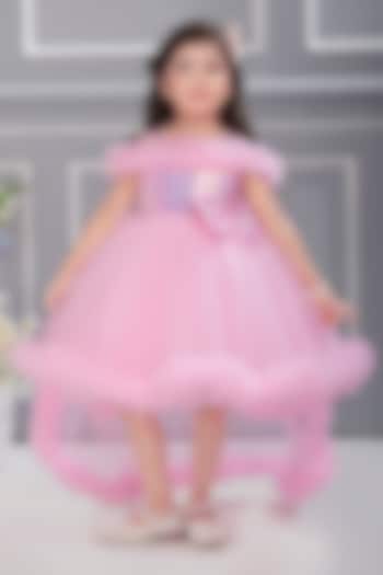 Baby Pink Net Embroidered Off-Shoulder Dress For Girls by Ministitch at Pernia's Pop Up Shop