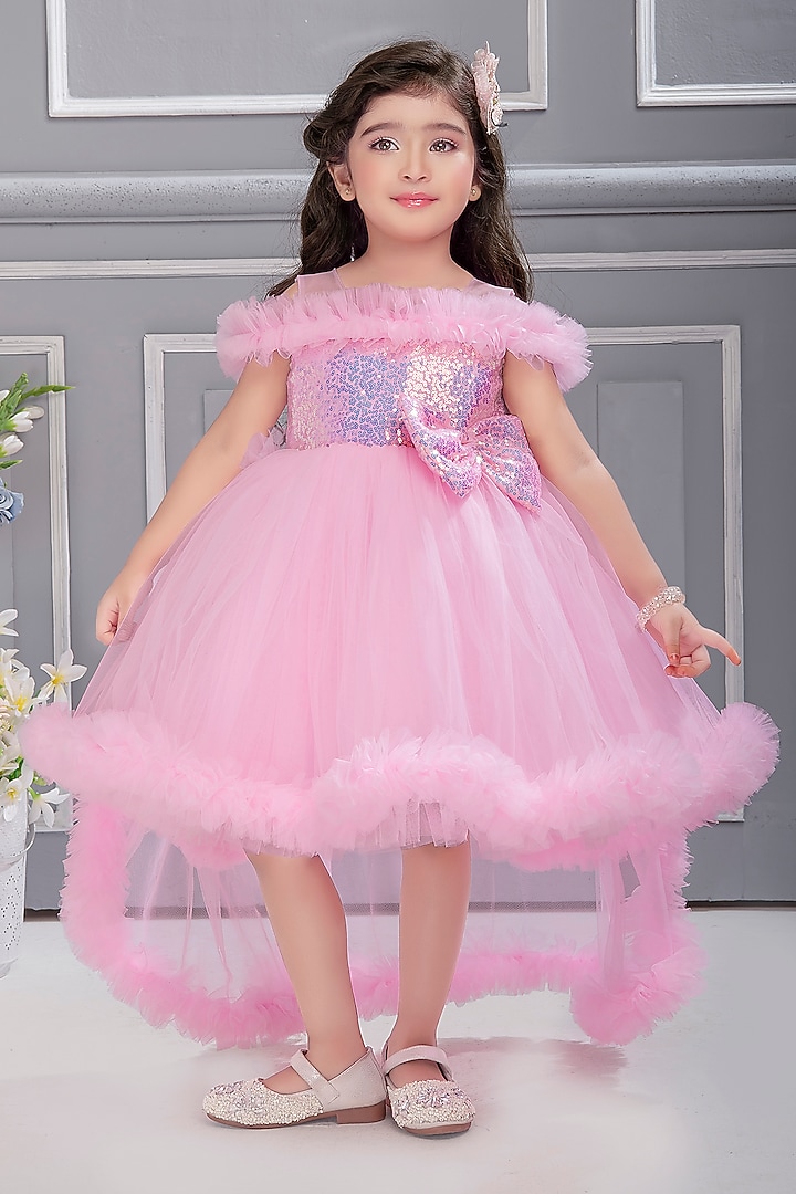 Baby Pink Net Embroidered Off-Shoulder Dress For Girls by Ministitch at Pernia's Pop Up Shop