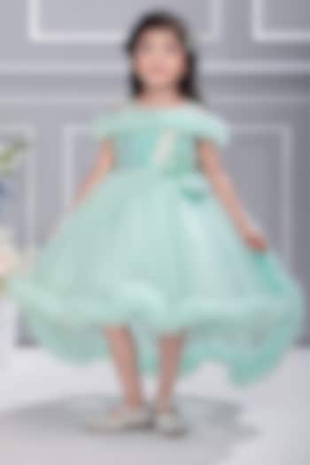 Blue Net Embroidered Off-Shoulder Dress For Girls by Ministitch at Pernia's Pop Up Shop