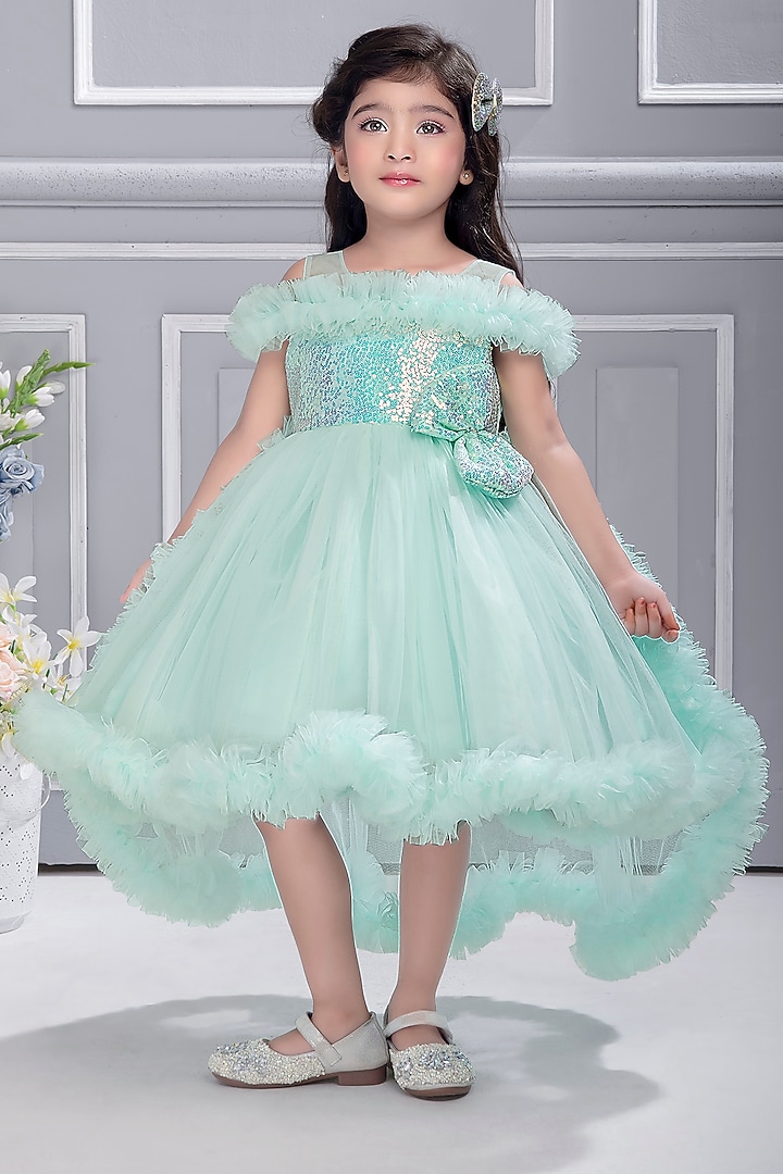 Blue Net Embroidered Off-Shoulder Dress For Girls by Ministitch at Pernia's Pop Up Shop