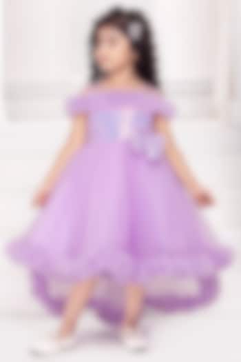 Lavender Net Embroidered Off-Shoulder Dress For Girls by Ministitch at Pernia's Pop Up Shop