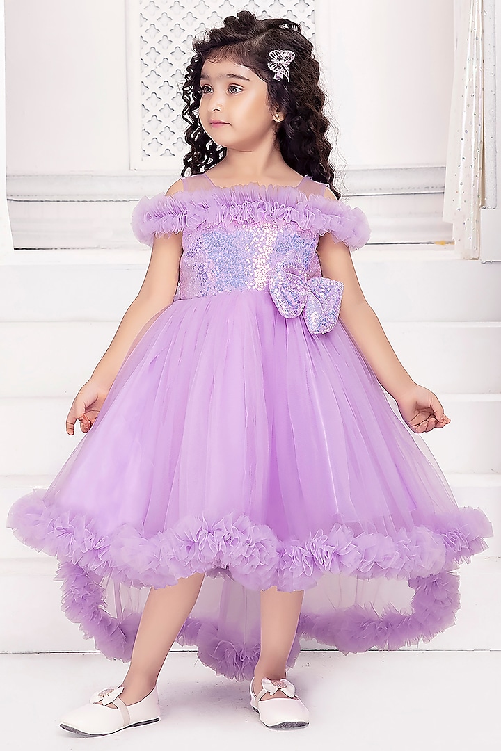 Lavender Net Embroidered Off-Shoulder Dress For Girls by Ministitch at Pernia's Pop Up Shop