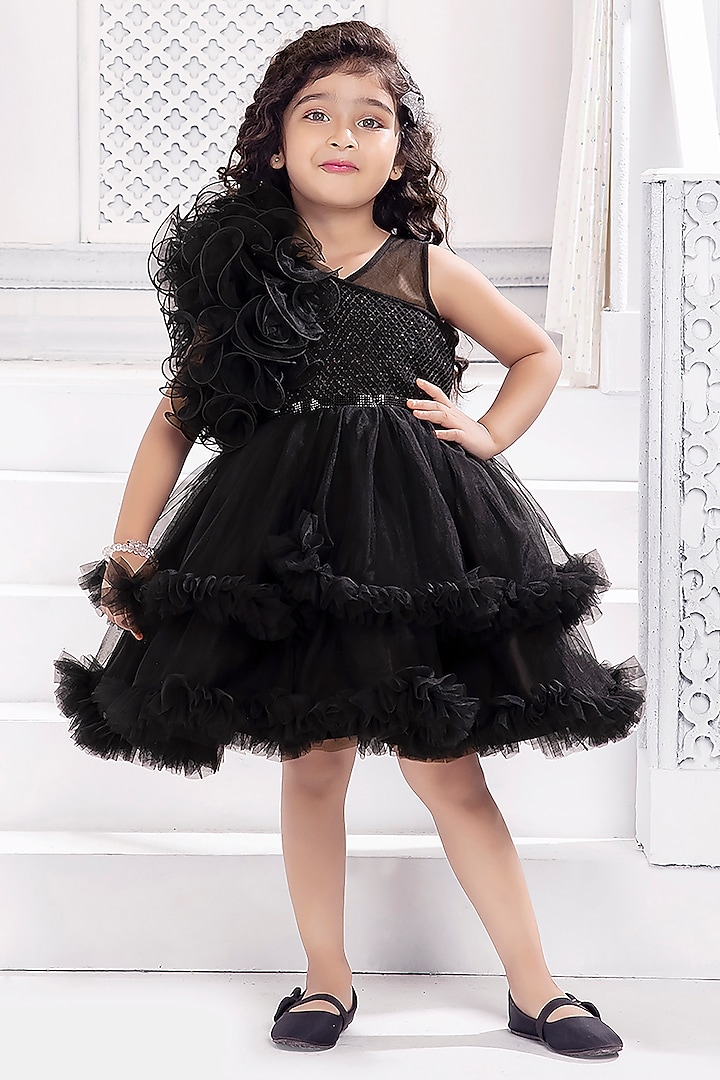 Black Net Cutwork Double-Layered Frilled Dress For Girls by Ministitch at Pernia's Pop Up Shop