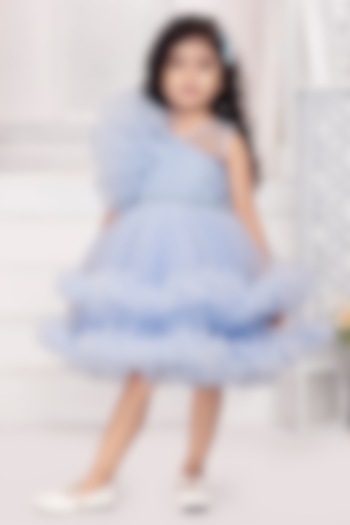 Blue Net Cutwork Double-Layered Frilled Dress For Girls by Ministitch at Pernia's Pop Up Shop