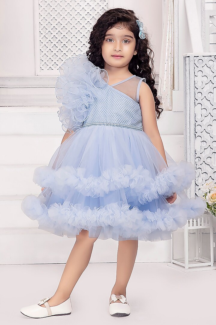 Blue Net Cutwork Double-Layered Frilled Dress For Girls by Ministitch at Pernia's Pop Up Shop