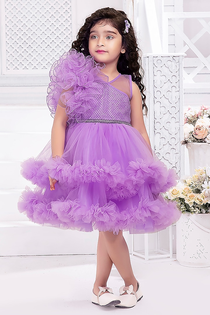 Lavender Net Cutwork Double-Layered Frilled Dress For Girls by Ministitch at Pernia's Pop Up Shop