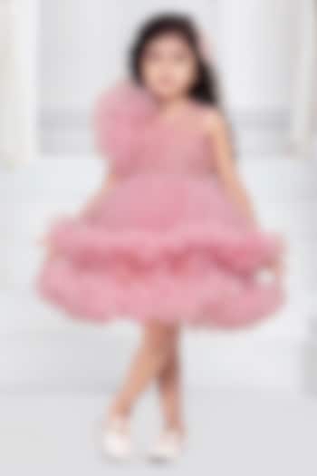 Onion Pink Net Cutwork Double-Layered Frilled Dress For Girls by Ministitch at Pernia's Pop Up Shop