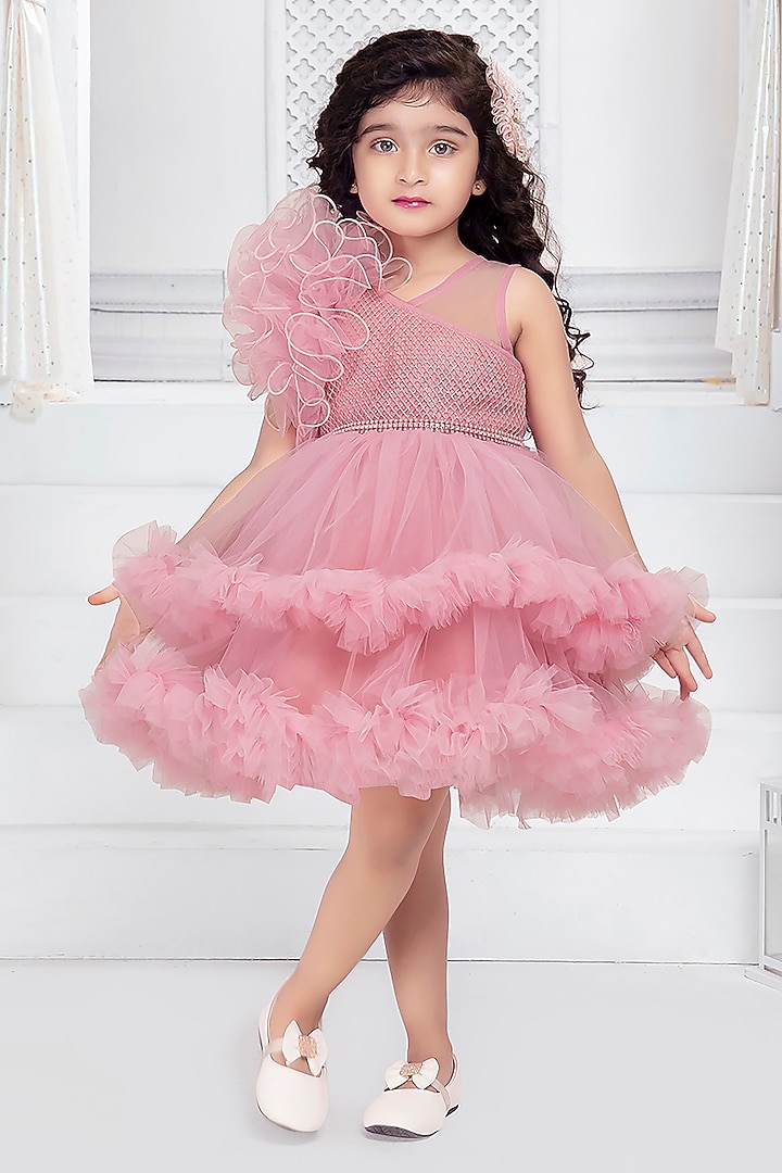 Onion Pink Net Cutwork Double-Layered Frilled Dress For Girls by Ministitch at Pernia's Pop Up Shop
