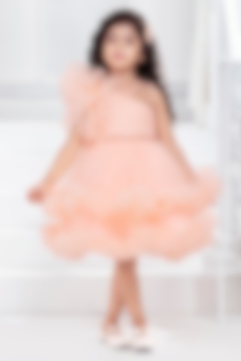 Peach Net Cutwork Double-Layered Frilled Dress For Girls by Ministitch at Pernia's Pop Up Shop