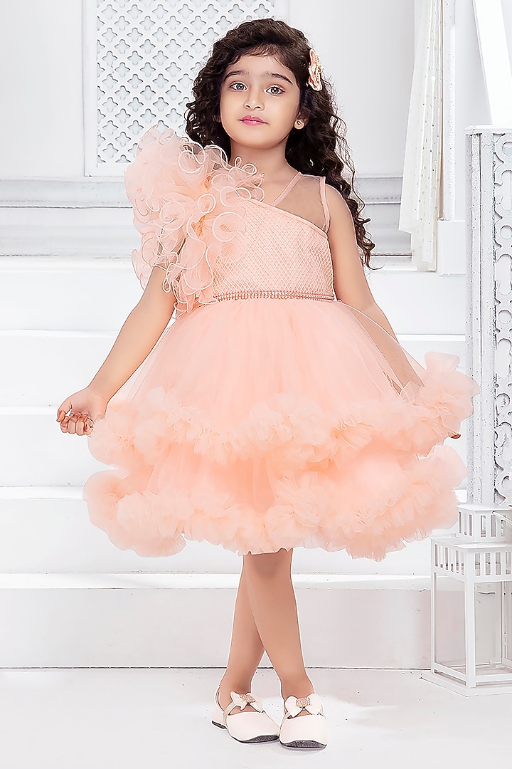 Peach Net Cutwork Double-Layered Frilled Dress For Girls by Ministitch at Pernia's Pop Up Shop
