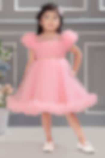 Baby Pink Net Pearl Embroidered Dress For Girls by Ministitch at Pernia's Pop Up Shop