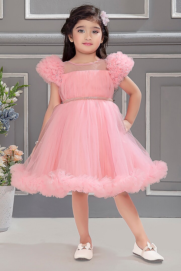 Baby Pink Net Pearl Embroidered Dress For Girls by Ministitch at Pernia's Pop Up Shop