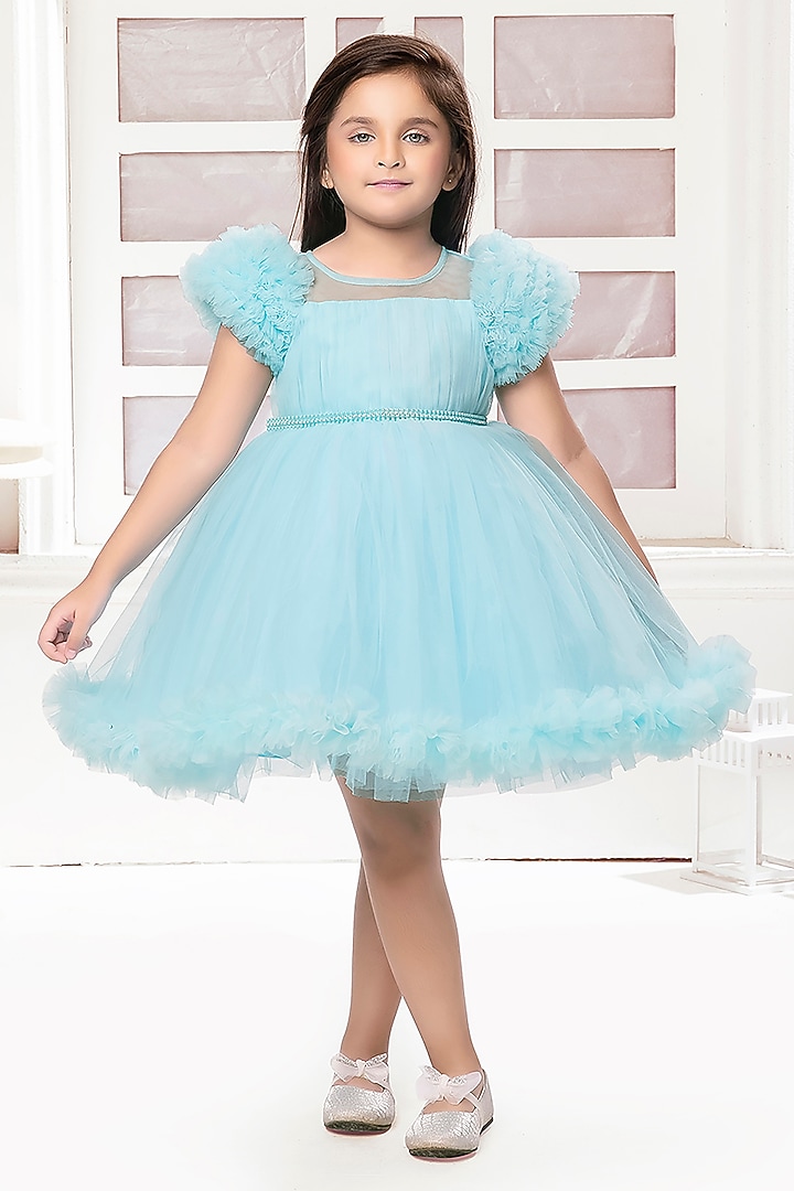 Blue Net Pearl Embroidered Dress For Girls by Ministitch at Pernia's Pop Up Shop