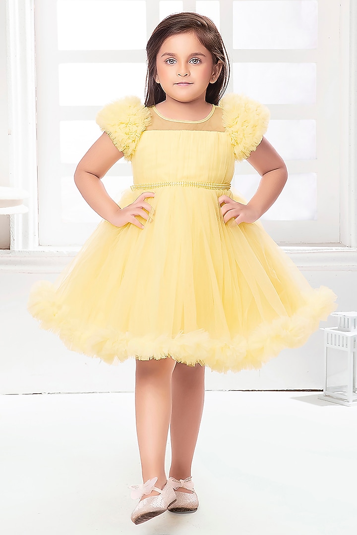 Yellow Net Pearl Embroidered Dress For Girls by Ministitch at Pernia's Pop Up Shop