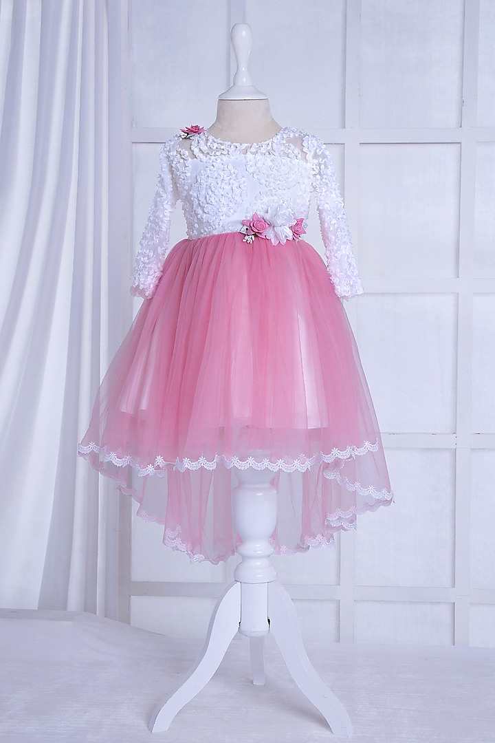 Baby Pink Net Floral Embroidered Dress For Girls by Ministitch at Pernia's Pop Up Shop