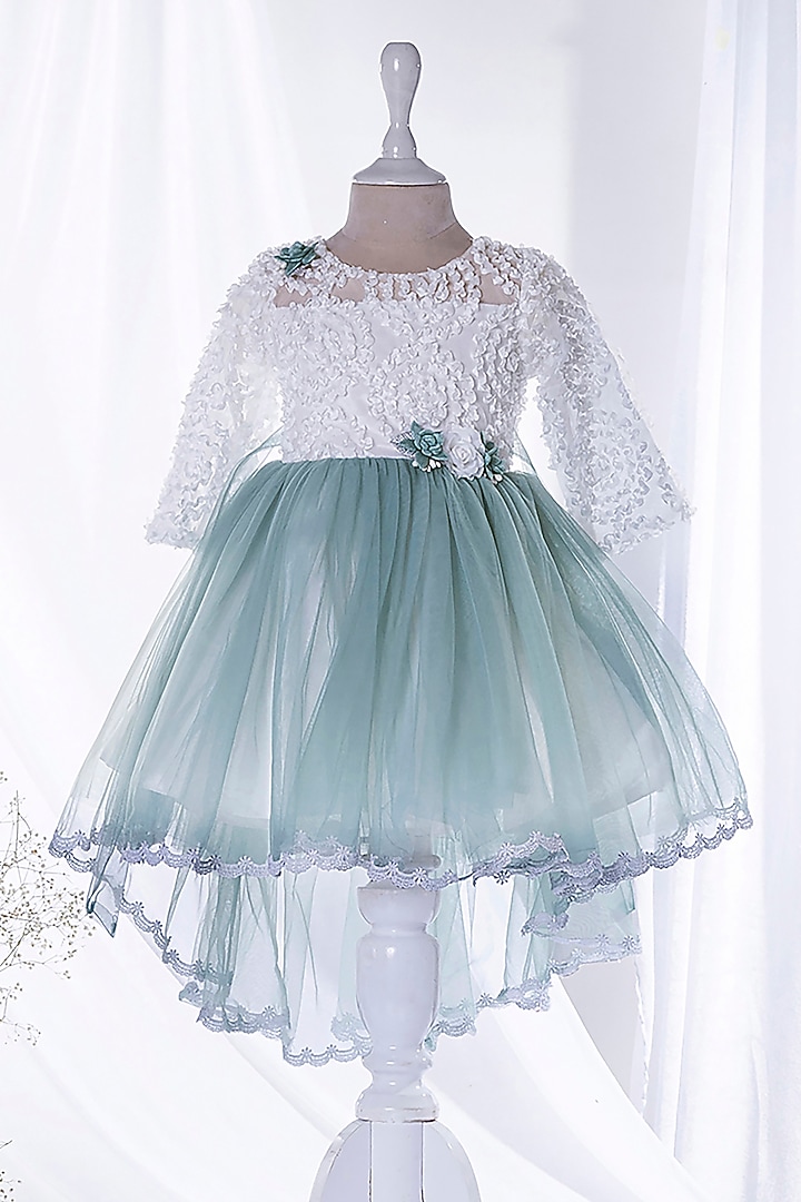 Green Net Floral Embroidered Dress For Girls by Ministitch at Pernia's Pop Up Shop