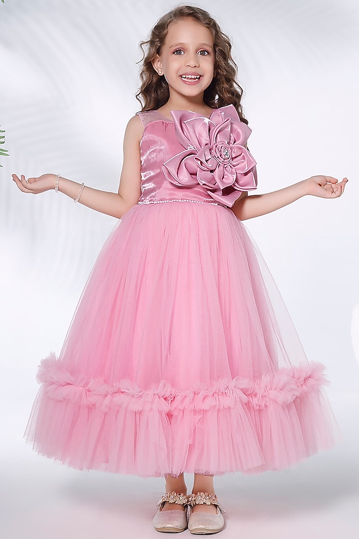 Baby Pink Net 3D Floral Applique Embroidered Flared Gown For Girls by Ministitch at Pernia's Pop Up Shop