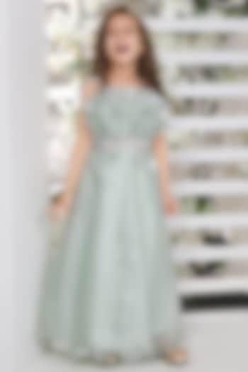 Sea Green Net A-Line Gown For Girls by Ministitch at Pernia's Pop Up Shop