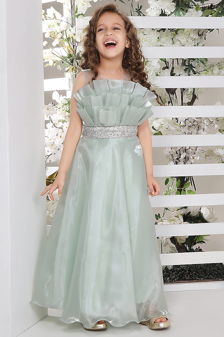 Sea Green Net A-Line Gown For Girls by Ministitch at Pernia's Pop Up Shop