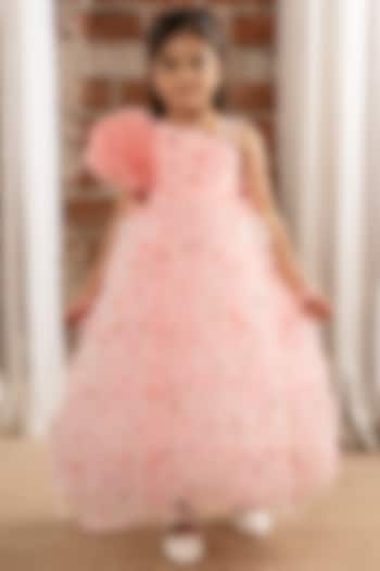 Peach Net 3D Floral Embellished One-Shoulder Ruffled Gown For Girls by Ministitch at Pernia's Pop Up Shop
