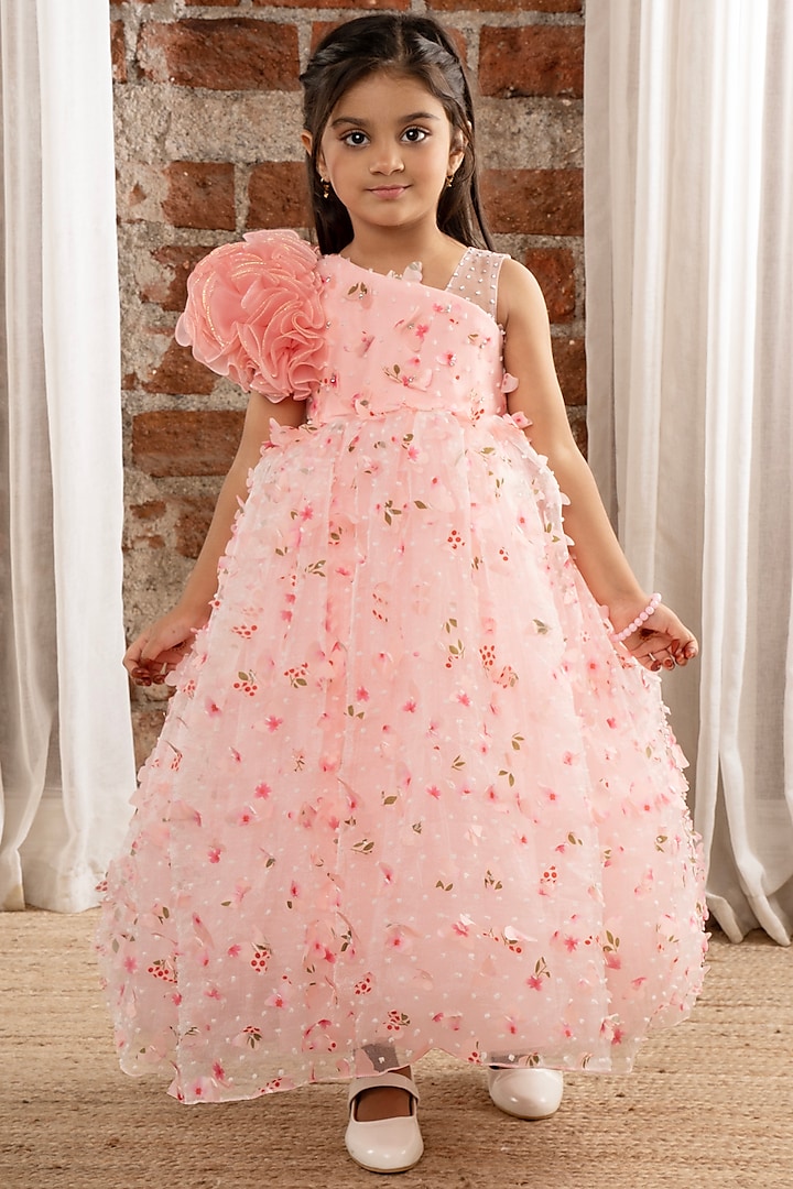 Peach Net 3D Floral Embellished One-Shoulder Ruffled Gown For Girls by Ministitch at Pernia's Pop Up Shop