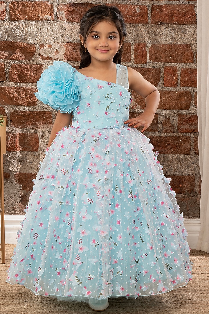 Sky Blue Net 3D Floral Embellished One-Shoulder Ruffled Gown For Girls by Ministitch at Pernia's Pop Up Shop