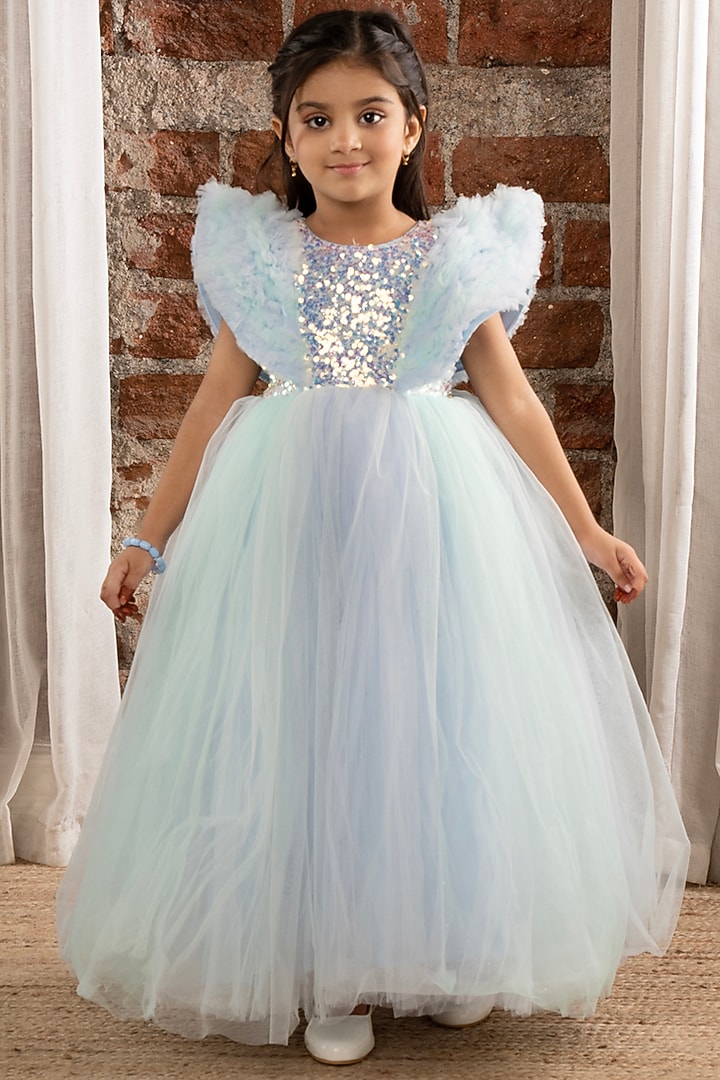 Sky Blue Net Sequins Work Gown For Girls by Ministitch at Pernia's Pop Up Shop