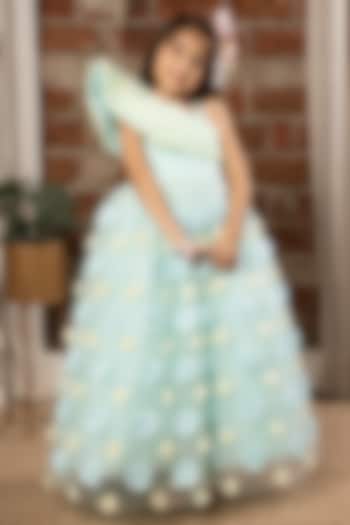 Sky Blue Net 3D Floral Embellished One-Shoulder Ruffled Gown For Girls by Ministitch at Pernia's Pop Up Shop
