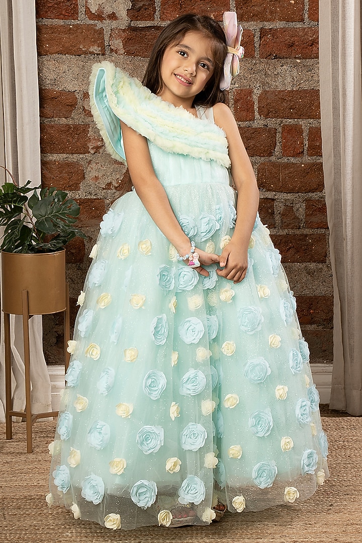 Sky Blue Net 3D Floral Embellished One-Shoulder Ruffled Gown For Girls by Ministitch at Pernia's Pop Up Shop
