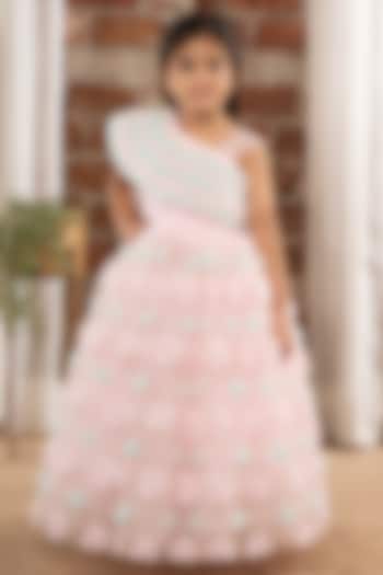 Baby Pink Net 3D Floral Embellished One-Shoulder Ruffled Gown For Girls by Ministitch at Pernia's Pop Up Shop