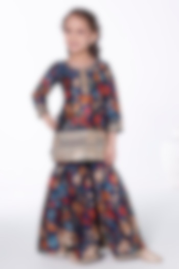 Teal Crepe Floral Printed Sharara Set For Girls by Ministitch at Pernia's Pop Up Shop