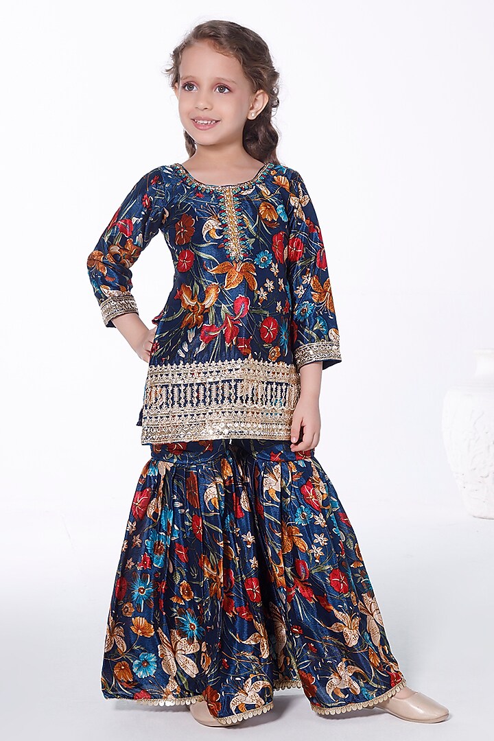 Teal Crepe Floral Printed Sharara Set For Girls by Ministitch at Pernia's Pop Up Shop