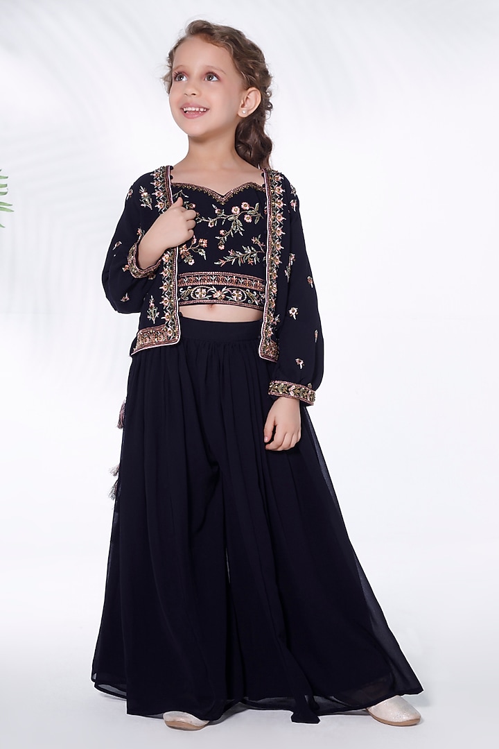 Navy Blue Georgette Embroidered Jacket Set For Girls by Ministitch at Pernia's Pop Up Shop